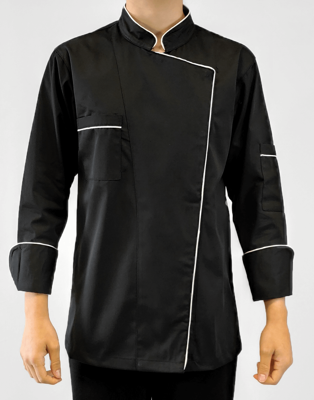 Σακάκι chef γυναικείο μαύρο μακρυμάνικο με λευκές λεπτομέρειες Fabrik