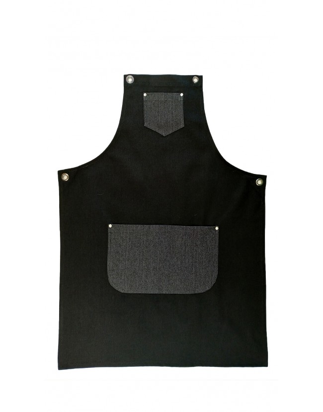 Ποδιά λαιμού τζιν μαύρη με γκρι τσέπες και χιαστί δέσιμο Fabrik