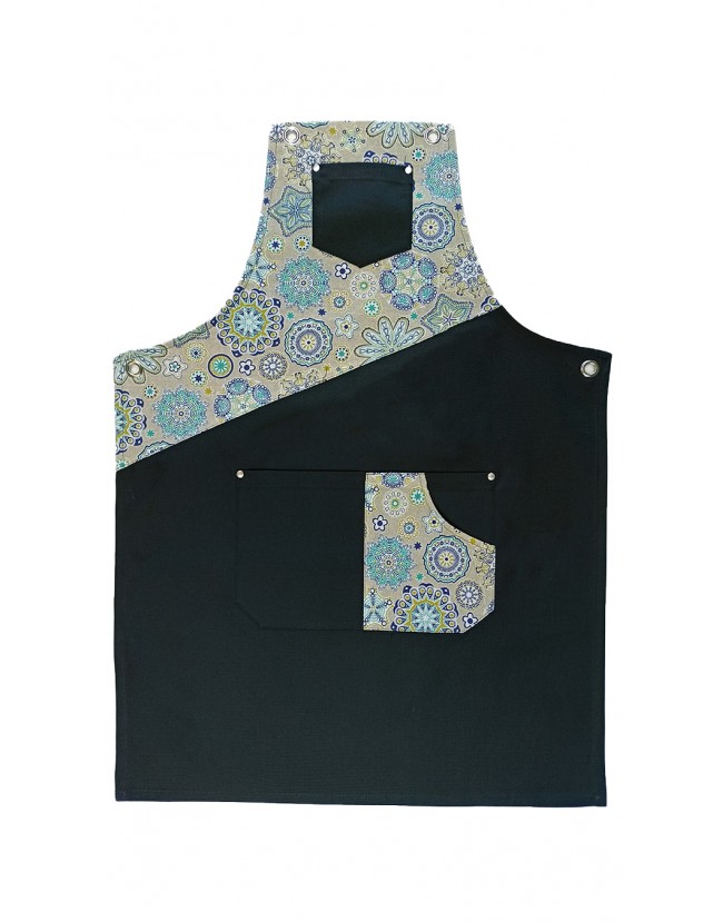 Ποδιά λαιμού μαύρη και εμπριμέ με χιαστί δέσιμο Fabrik